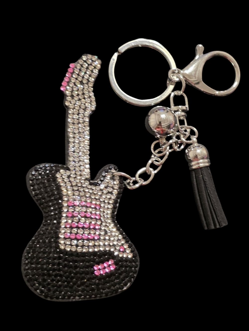 Black and Pink Rhinestone Guitar Bag Charm Keychain